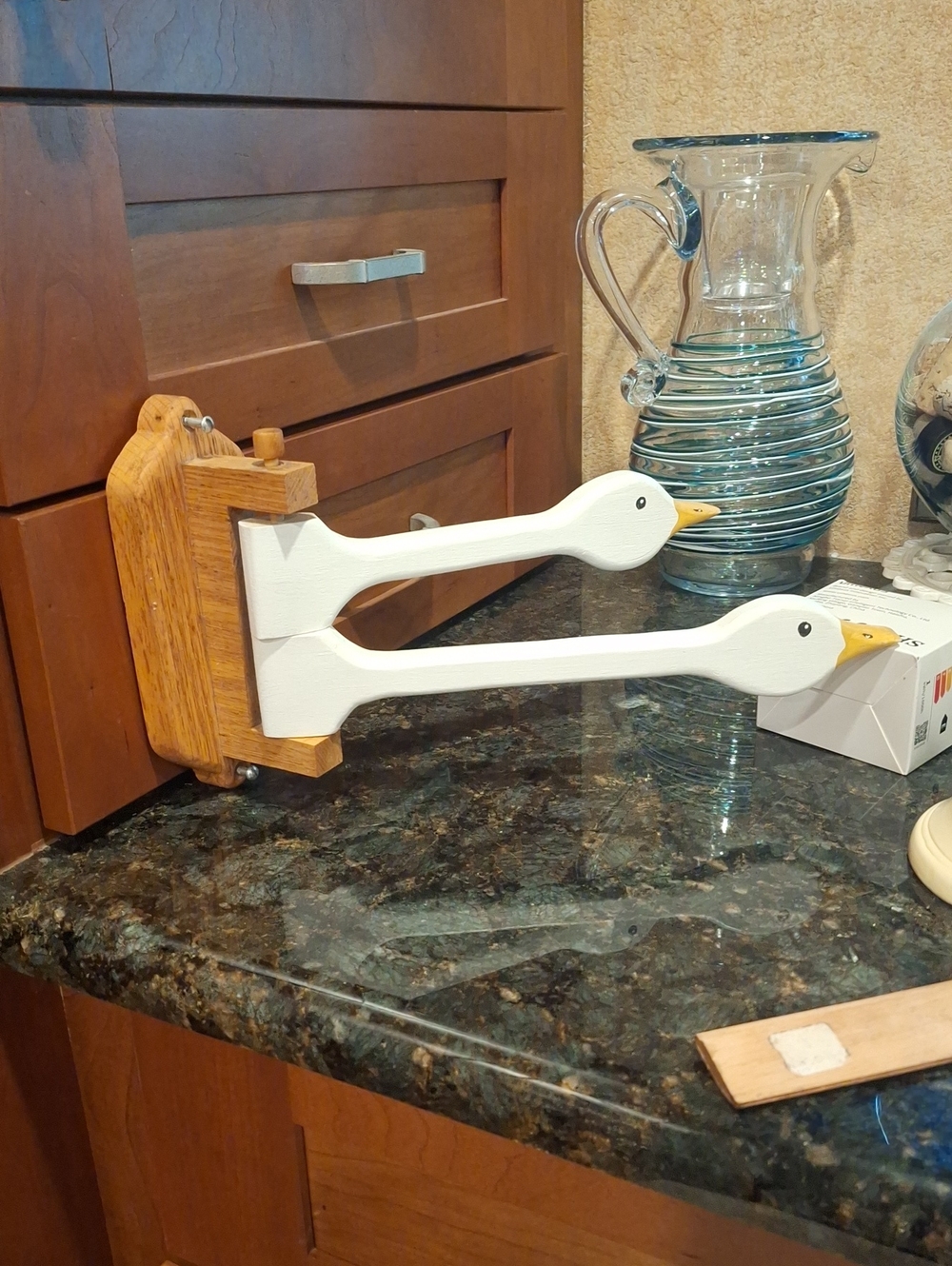 Vtg. Handmade White Wooden Goose Towel Holder with Oak Mount - Home Accents